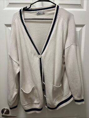 Hollister Cream Crewneck Sweater with Navy Stripe